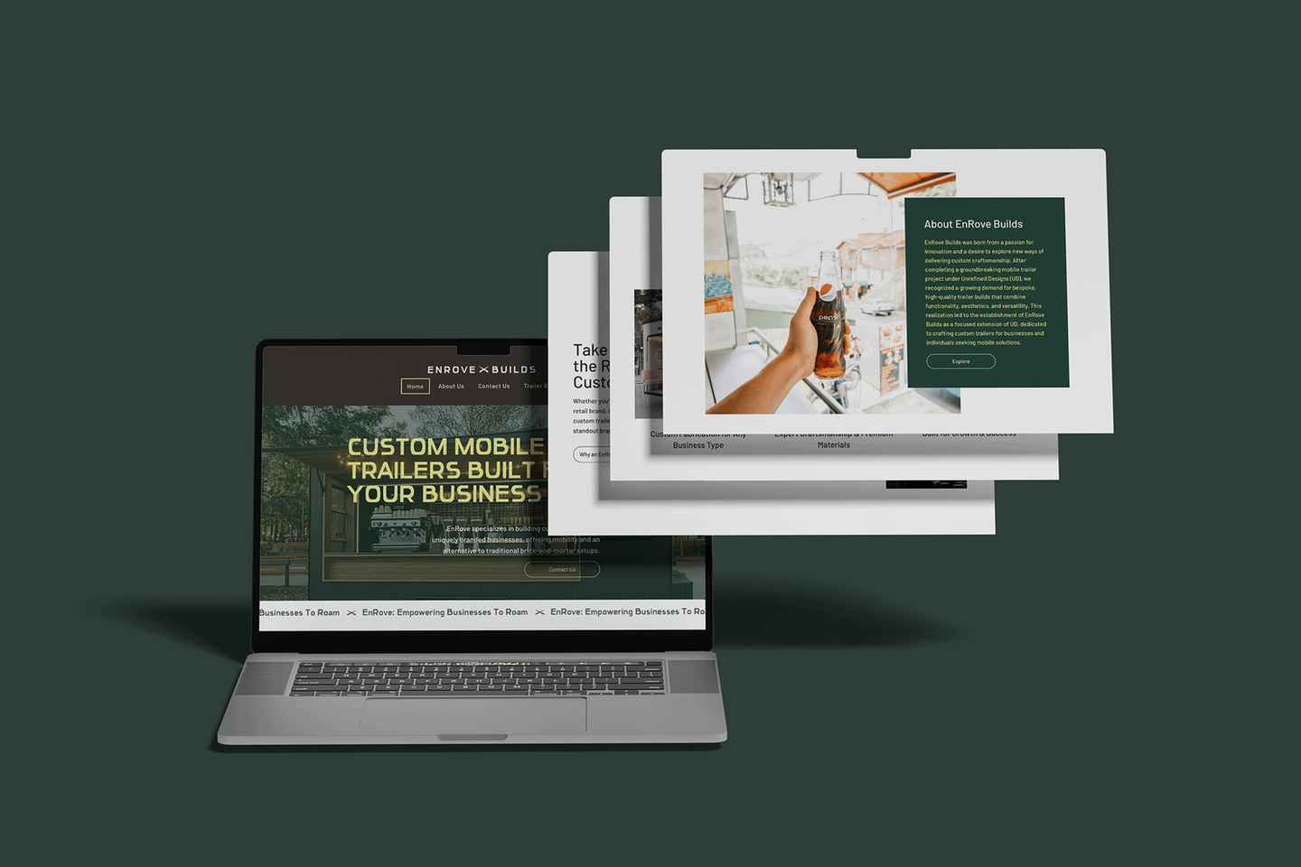 EnRove Builds website mockup on laptop and tablet, showcasing a custom mobile trailer business site designed by Design Method.