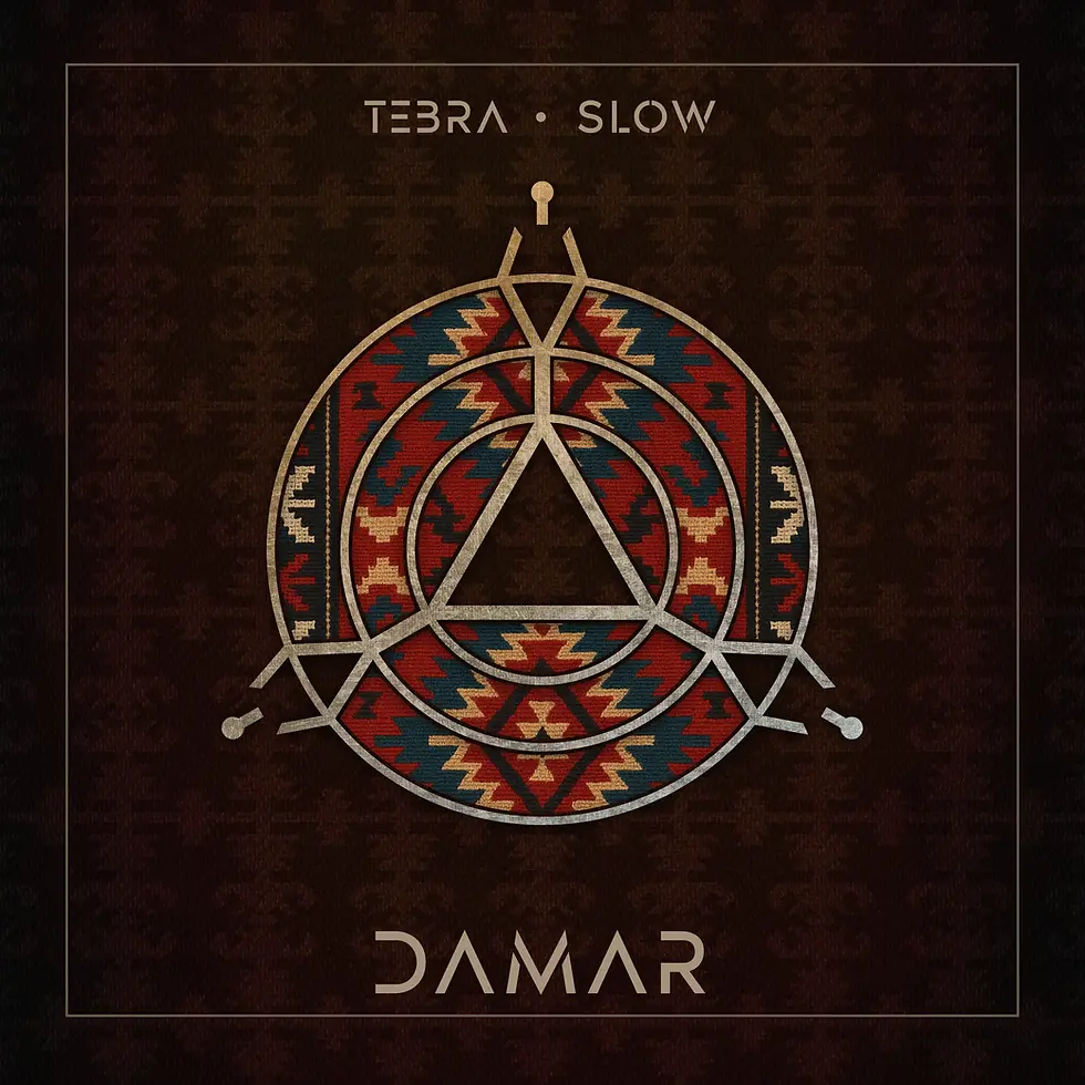 Geometric pattern with silver triangles and circles on dark red and blue tapestry. Text: "TEBRA • SLOW" and "DAMAR". Rich, tribal design.