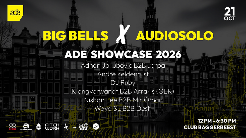 Black-and-yellow event poster for BIG BELLS x AUDIOSOLO ADE Showcase 2026, with Amsterdam canal houses and lineup text.