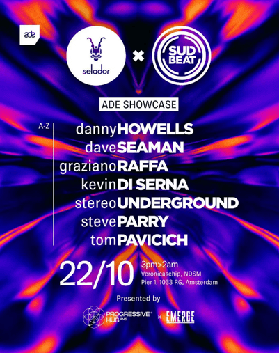 Psychedelic purple-orange ADE Showcase poster with Selador and Sudbeat logos, artist lineup, and 22/10 Amsterdam event details.