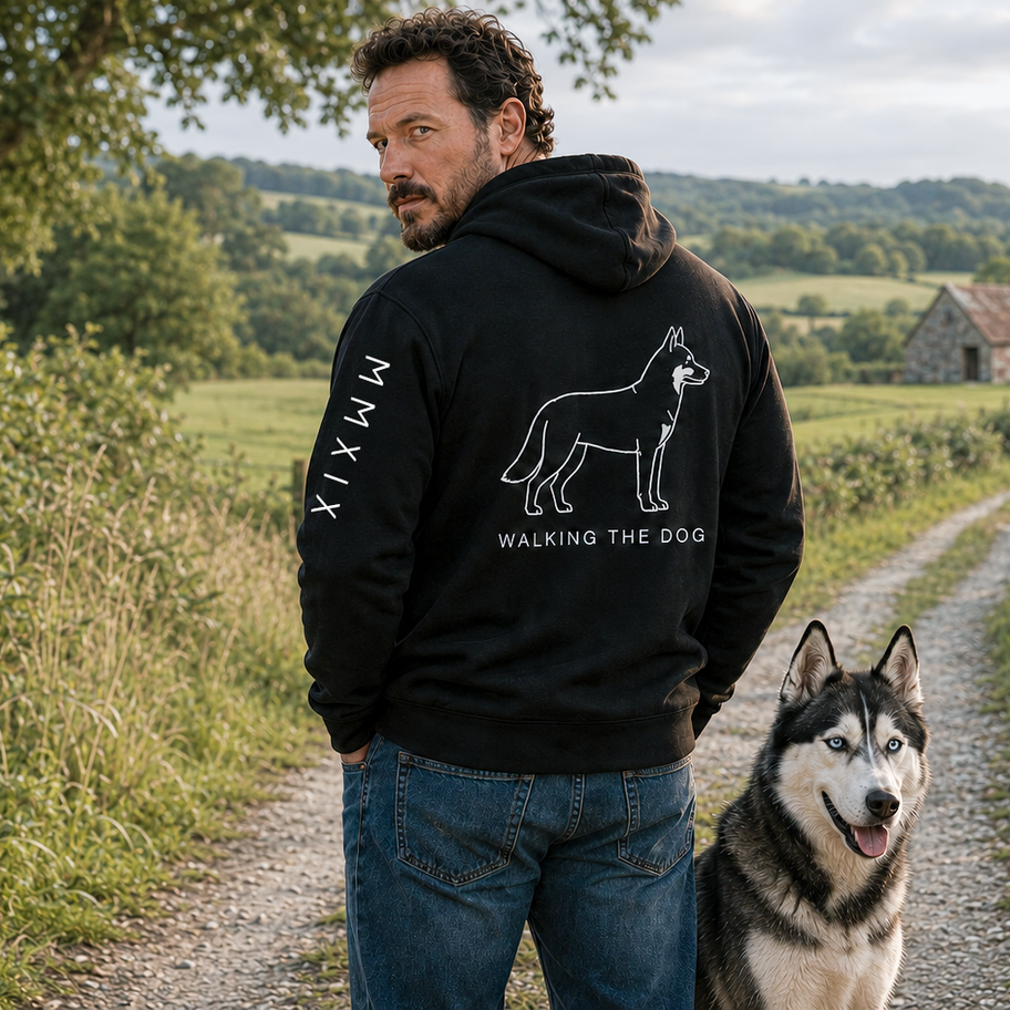 Rear view of personalised husky outline artwork on a black full-zip hoodie