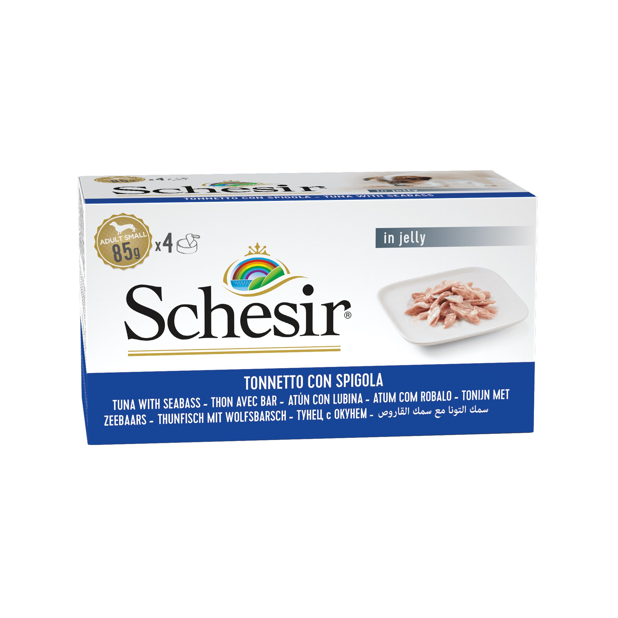 Boîte Schesir avec du thon, texte et illustration. Produit flonimaux pour chats.