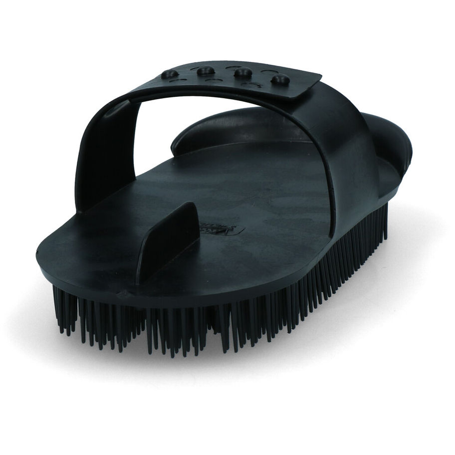 Brosse de toilettage noire pour chevaux avec poignée pour un entretien facile.