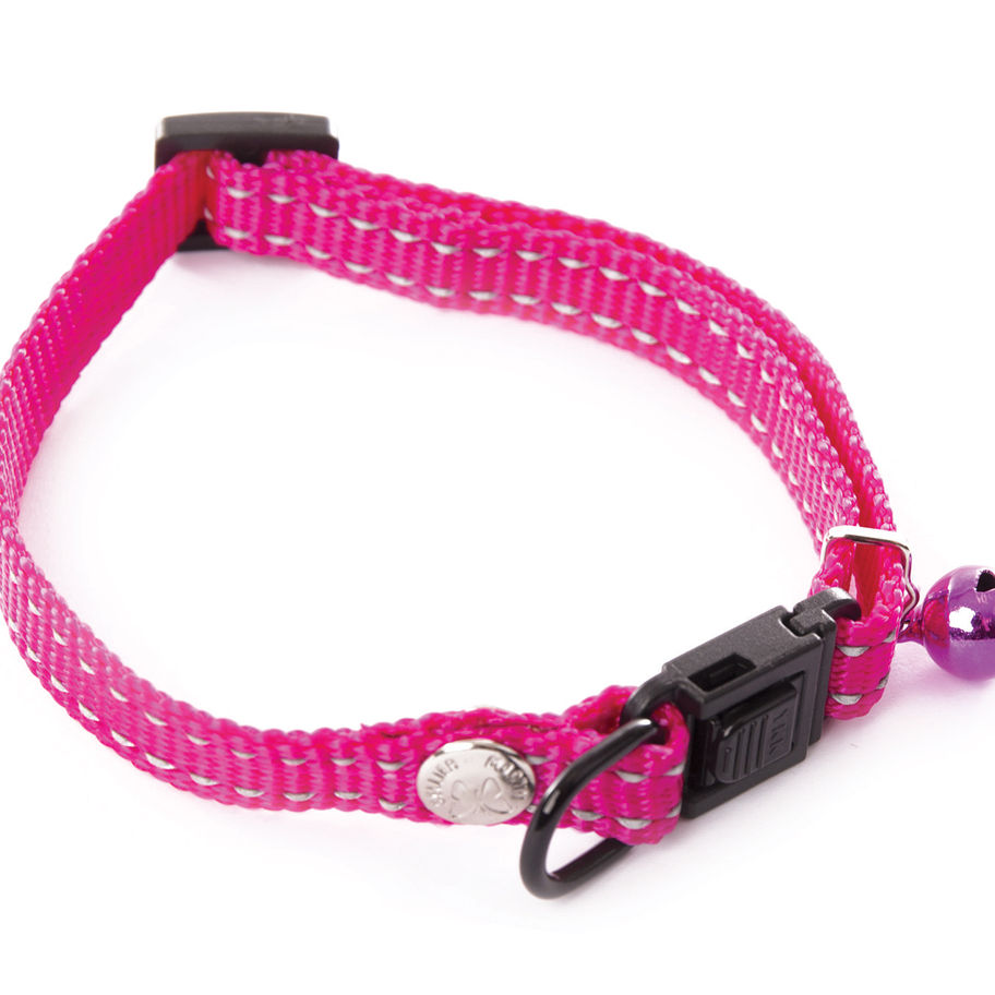 Collier rose fluorescent avec une clochette pour chat, Flonimaux.