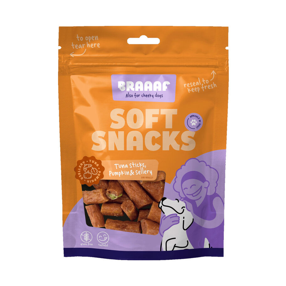 Sachet de friandises pour chien CARAARF SOFT SNACKS, image de fond en arrière plan.