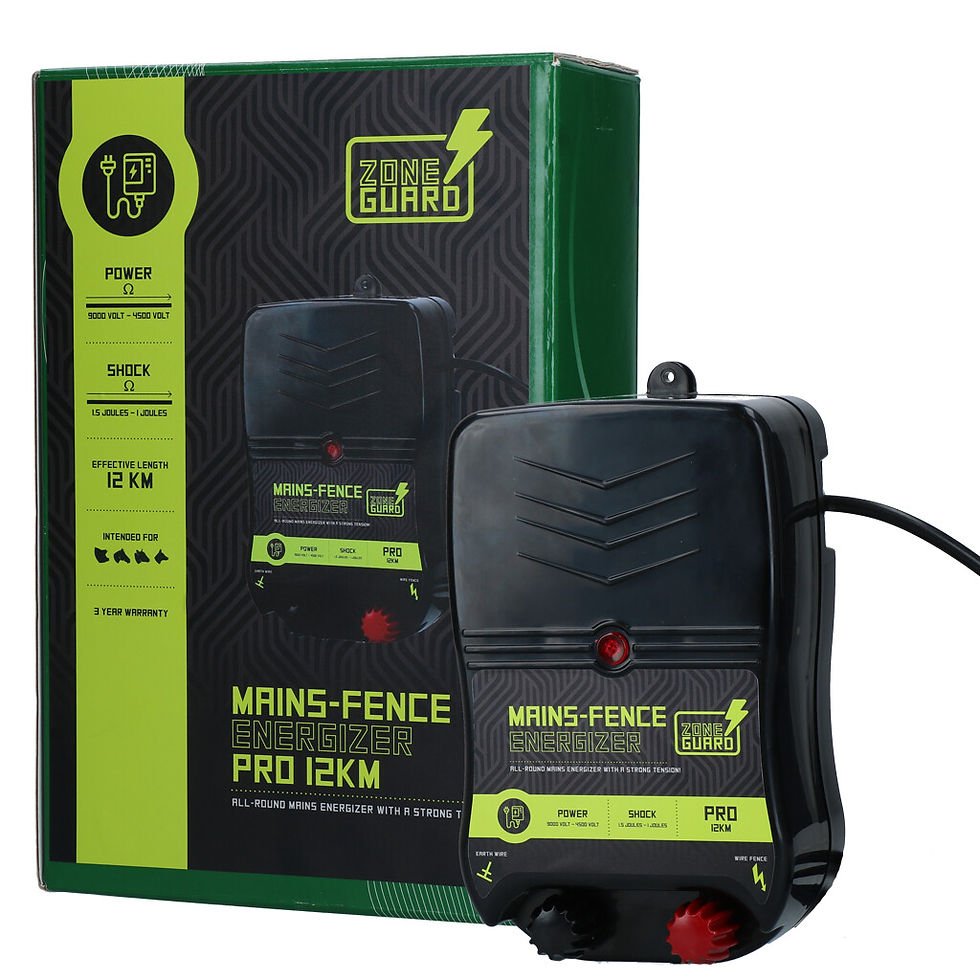 Appareil de clôture électrique avec texte « UP » et « PRO 52KM » ZoneGuard Ring isolator.