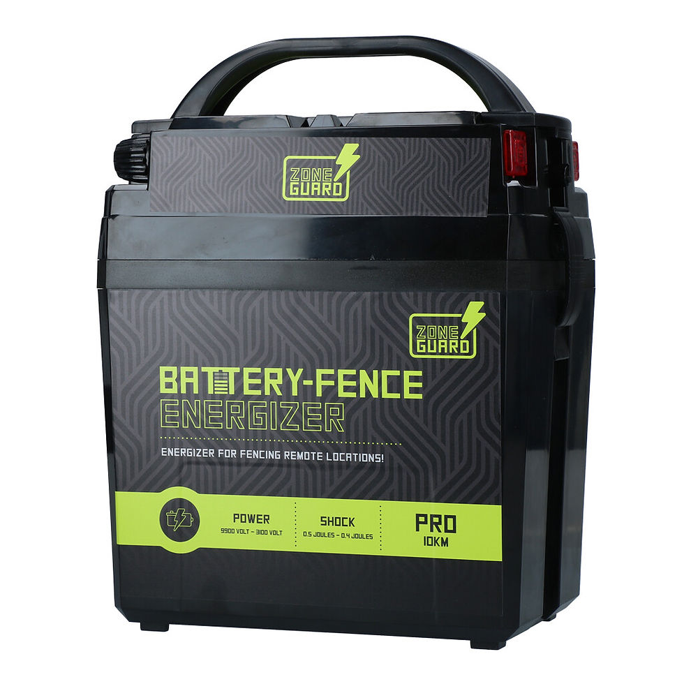 Boîtier noir Battery-Fence avec texte vert, Isolateur ZoneGuard Duo-Click Tape 60 mm, pour clôture.