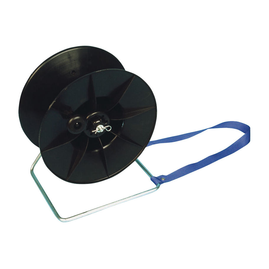 Bobine de fil noir sur support avec anse bleue, ZoneGuard Ruban isolant, sur fond blanc.