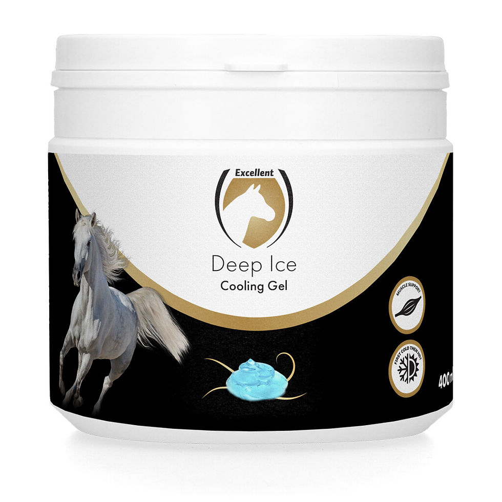 Pot Deep Ice Cooling Gel sur fond noir, cheval blanc et logo Flonimaux.