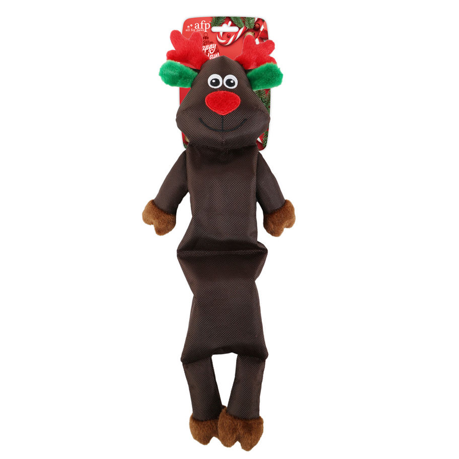 Peluche renne marron avec des bois rouges et verts. Flonimaux jouet pour chien