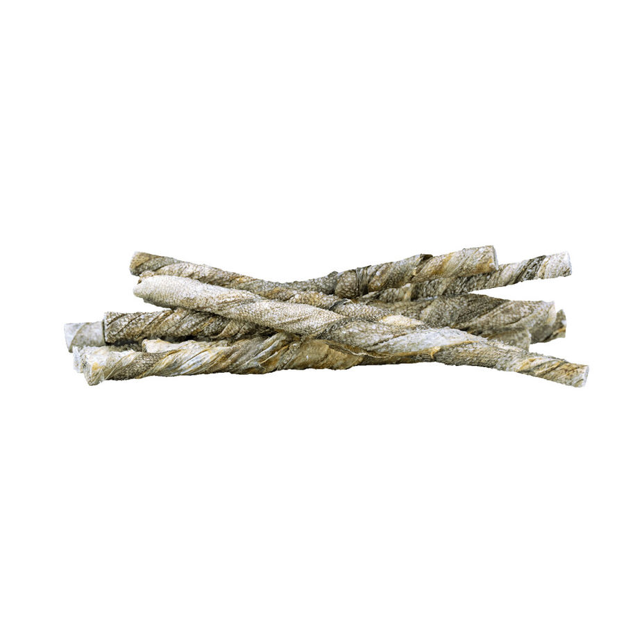 Braaaf Rawhide Roll Sticks Beef & Fish - 25 pcs, pile of dog treats on white background.