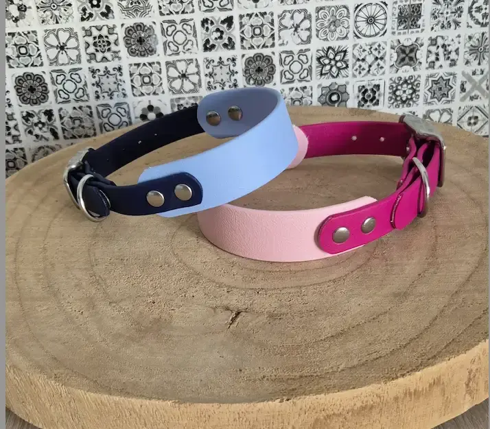 Deux colliers pour chiens, bleu clair et rose vif, sur une planche de bois.