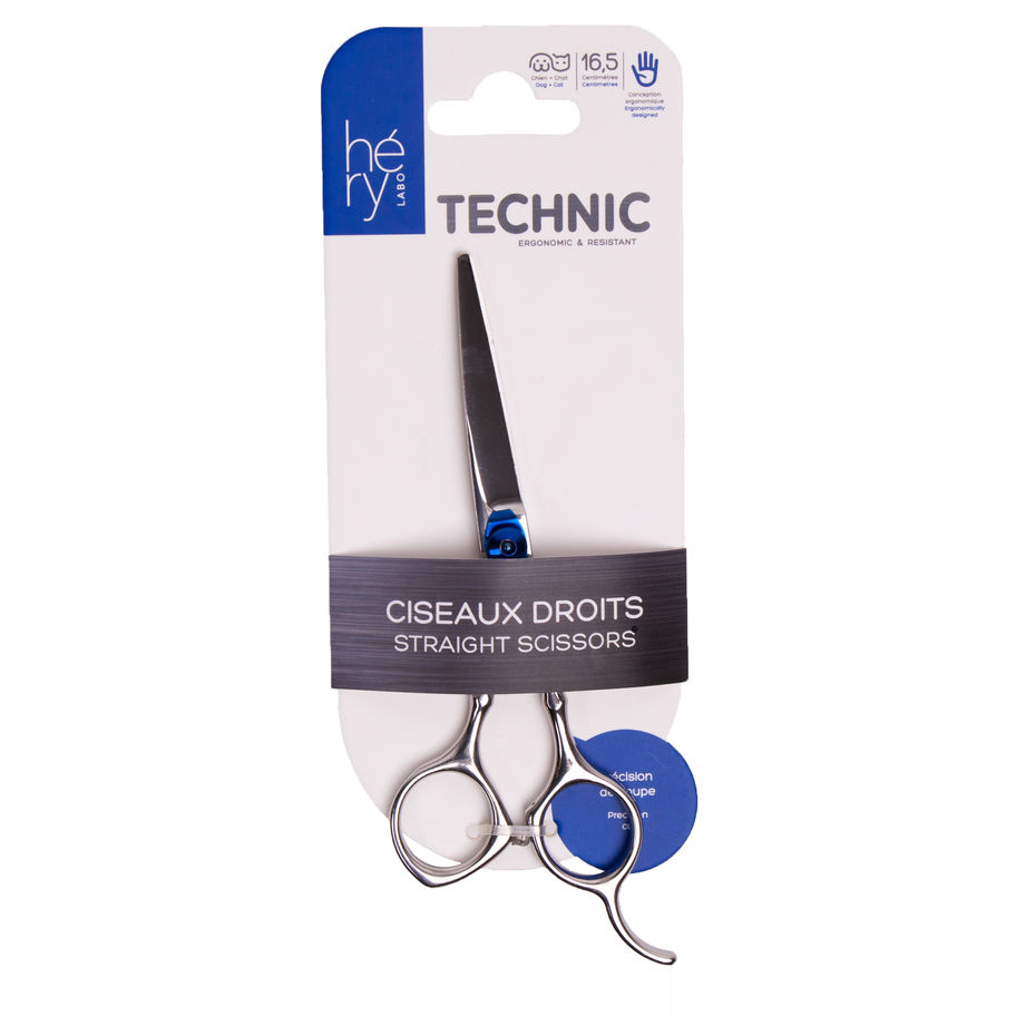 Ciseaux droits TECHNIC, ciseaux de coiffure professionnels, emballage bleu. Peigne dents graduées VIVOG.