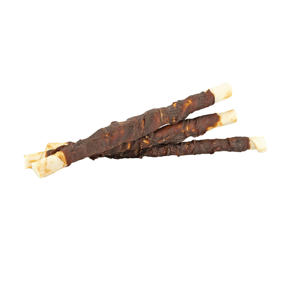 Trois friandises pour chien, marron et blanches, sur un fond blanc. Flonimaux.