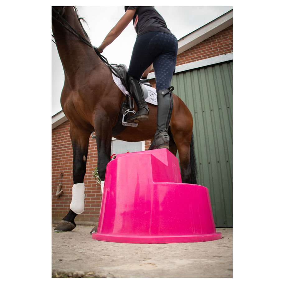 Cavalier monte à cheval. Un marchepied rose devant le cheval. Flonimaux