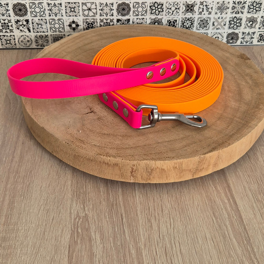Colliers rose et orange sur une planche en bois, Longes en HEXA(19mm) Flonimaux.