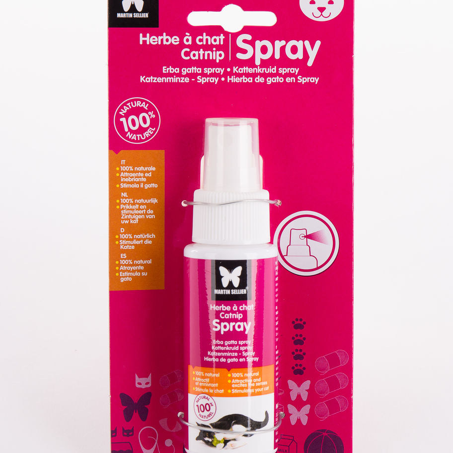 Spray d'herbe à chat, callip, visible text, Flonimaux, benefits for cats, white background