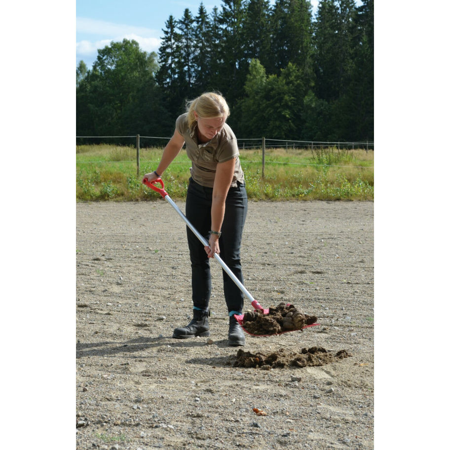 Woman working with rake, removing horse manure from the ground, sunny day.