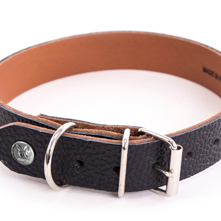 Collier noir pour chien, boucle argentée et cuir marron, Flonimaux.