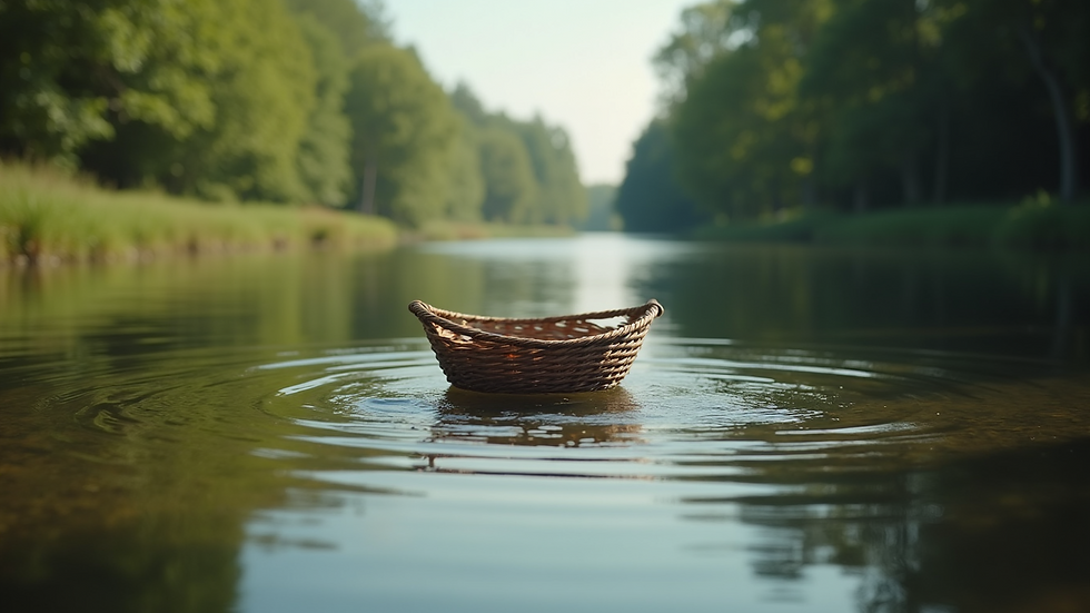 Eye-level view of a river with a floating basket