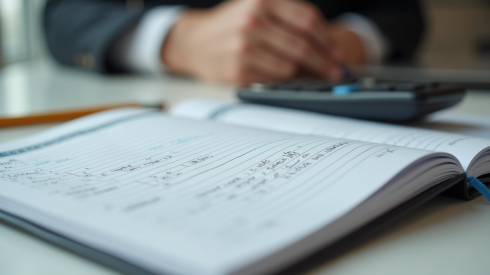 Close-up view of a travel budget planner with notes and a calculator
