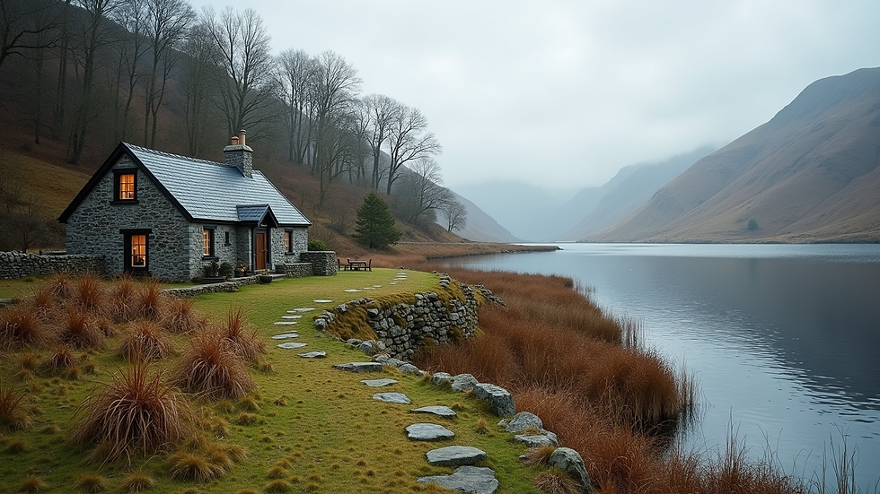 Wide angle view of a cosy lakeside cottage in the Lake District