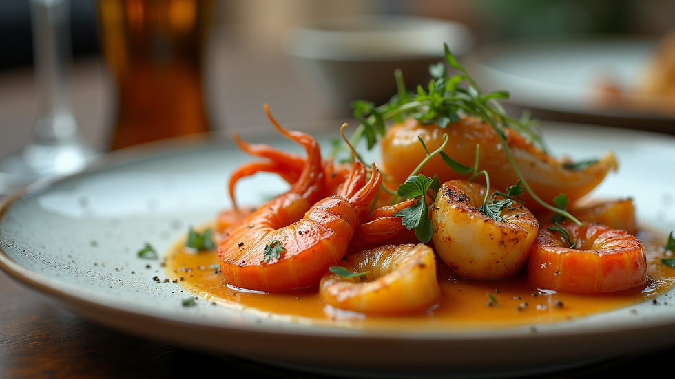 Close-up view of gourmet Catalan dish with seafood and herbs