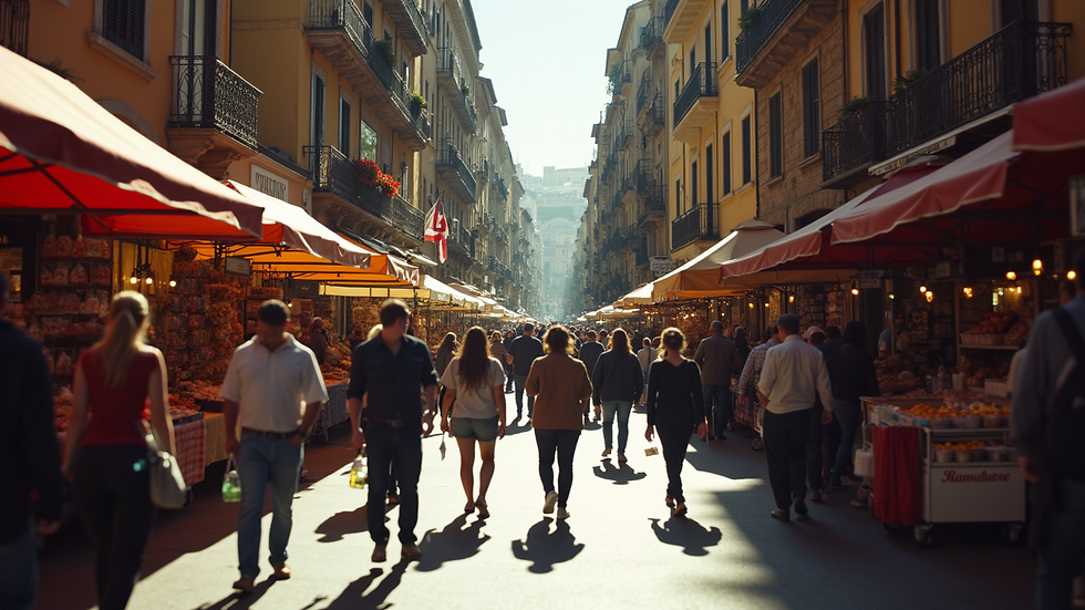 High angle view of the bustling La Rambla street filled with people and market stalls