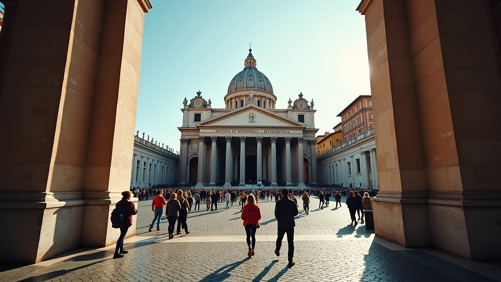 Wide angle view of the Pantheon entrance with tourists