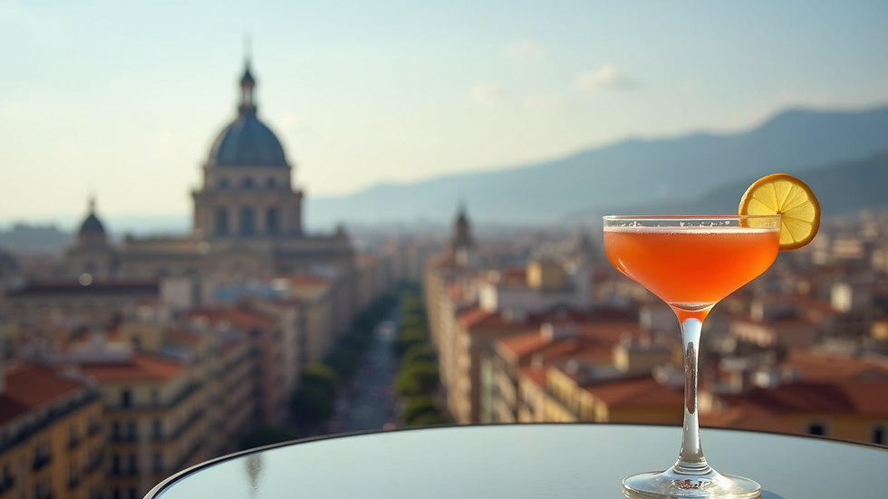 Eye-level view of cocktail glass on rooftop bar table with Barcelona skyline in background