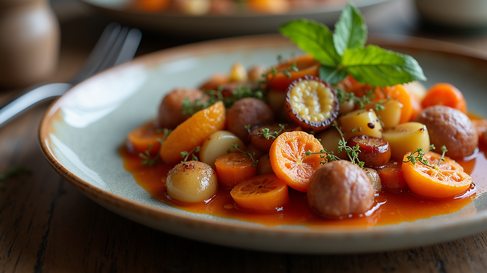 Close-up view of a traditional Catalan dish with roasted vegetables and cured ham