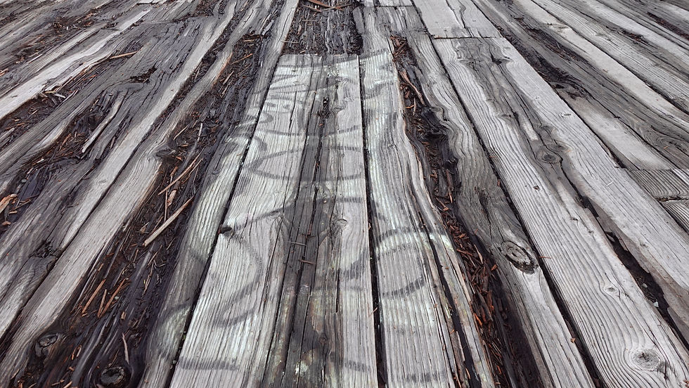 Faded graffiti writing on old wooden bridge.