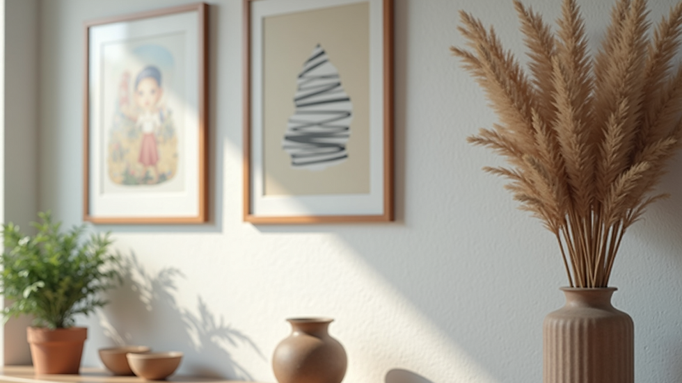 Close-up view of a wall with framed art and decorative accessories