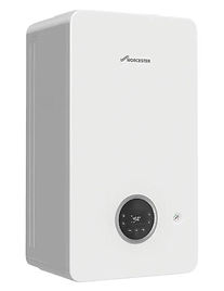 Sleek, white modern boiler with a digital display reading "50°" and the brand "Worcester" visible