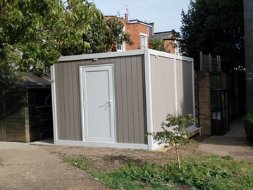Storage shed in grassy area