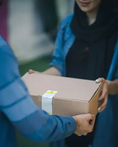 Person handing over a secure cardboard package to a courier