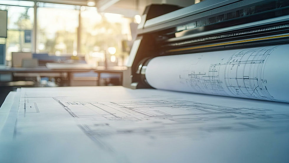 Large blueprint plans rolling out from an industrial format printer