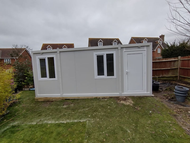 Portable building on grassy area