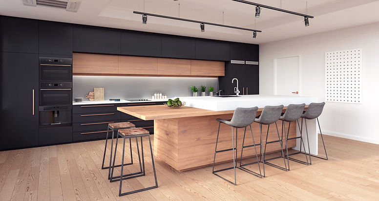 Luxury kitchen island with a white vinyl finish and stylish grey bar stools