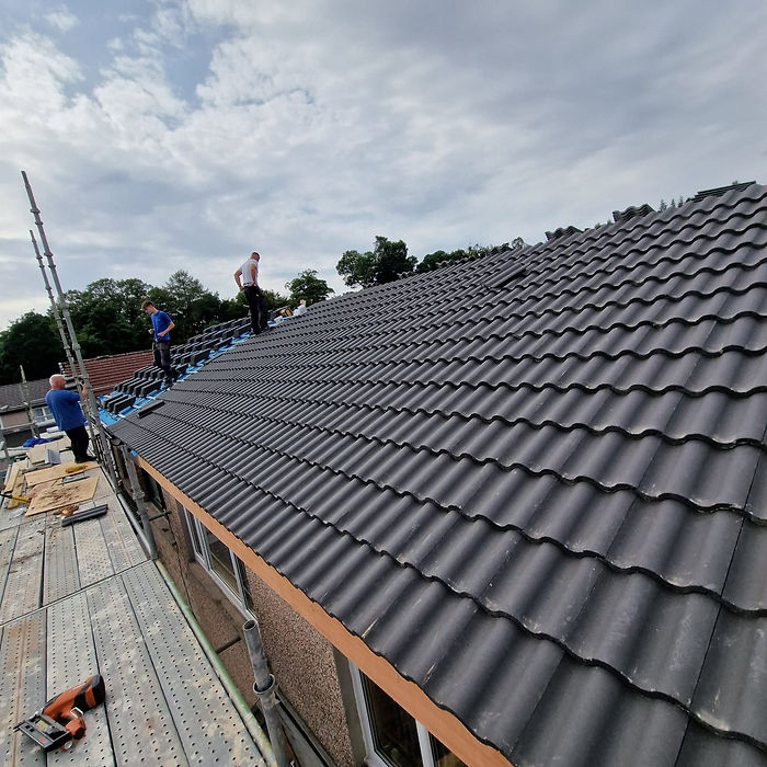 Roofers working on a dark tiled roof installation in Alexandria