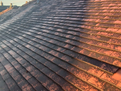 Section of tiled roof covered in moss and weathered debris before cleaning