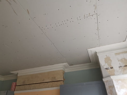 Damaged ceiling plaster and coving undergoing professional repair
