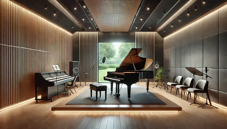 DALL·E 2024-10-10 18.34.57 - A sleek, modern recording studio with a grand piano prominent