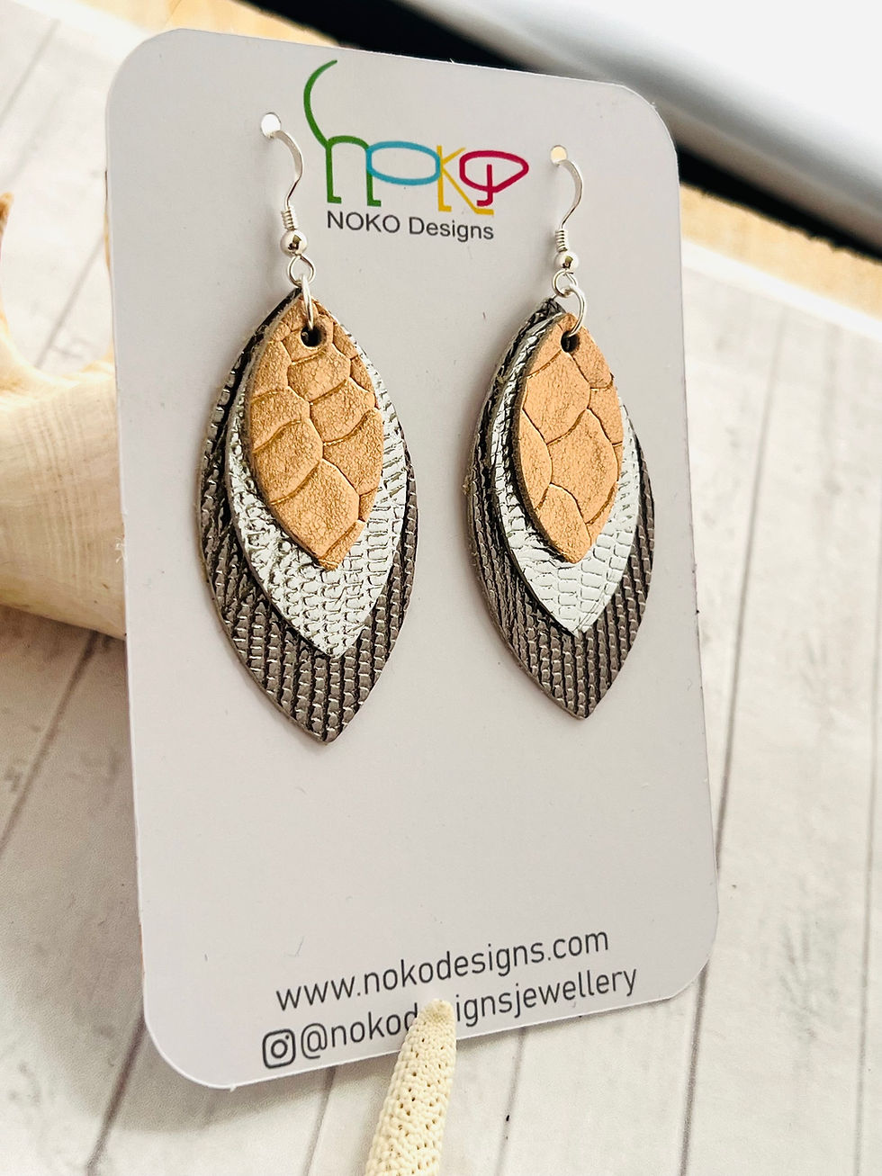 Thumbnail: Triple Metallic Leather Petal Earrings