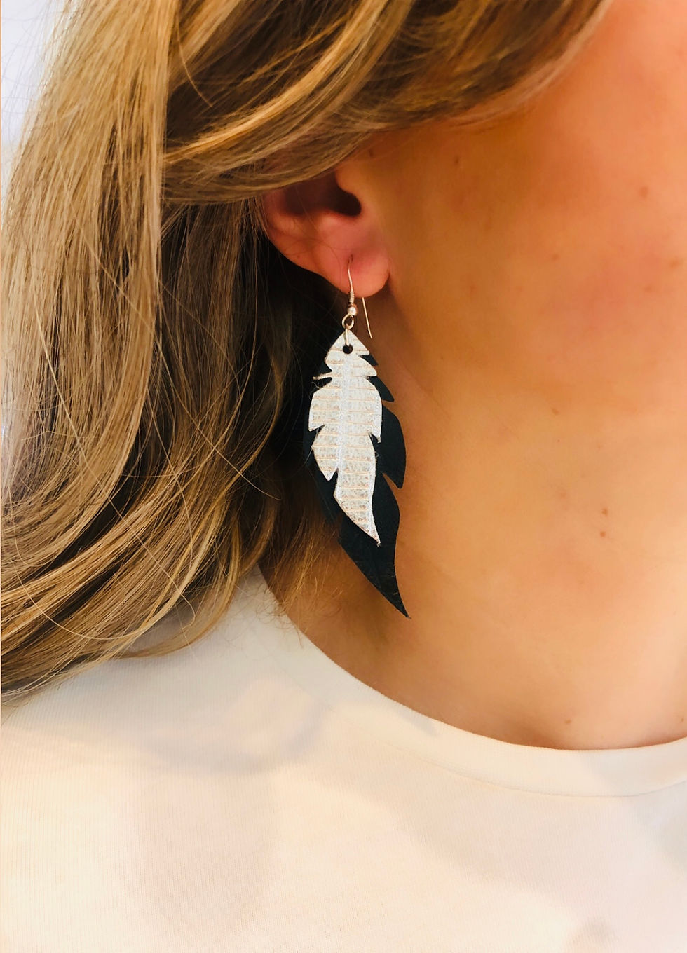 Thumbnail: Silver & Midnight Moc Croc Leather Feather Earrings