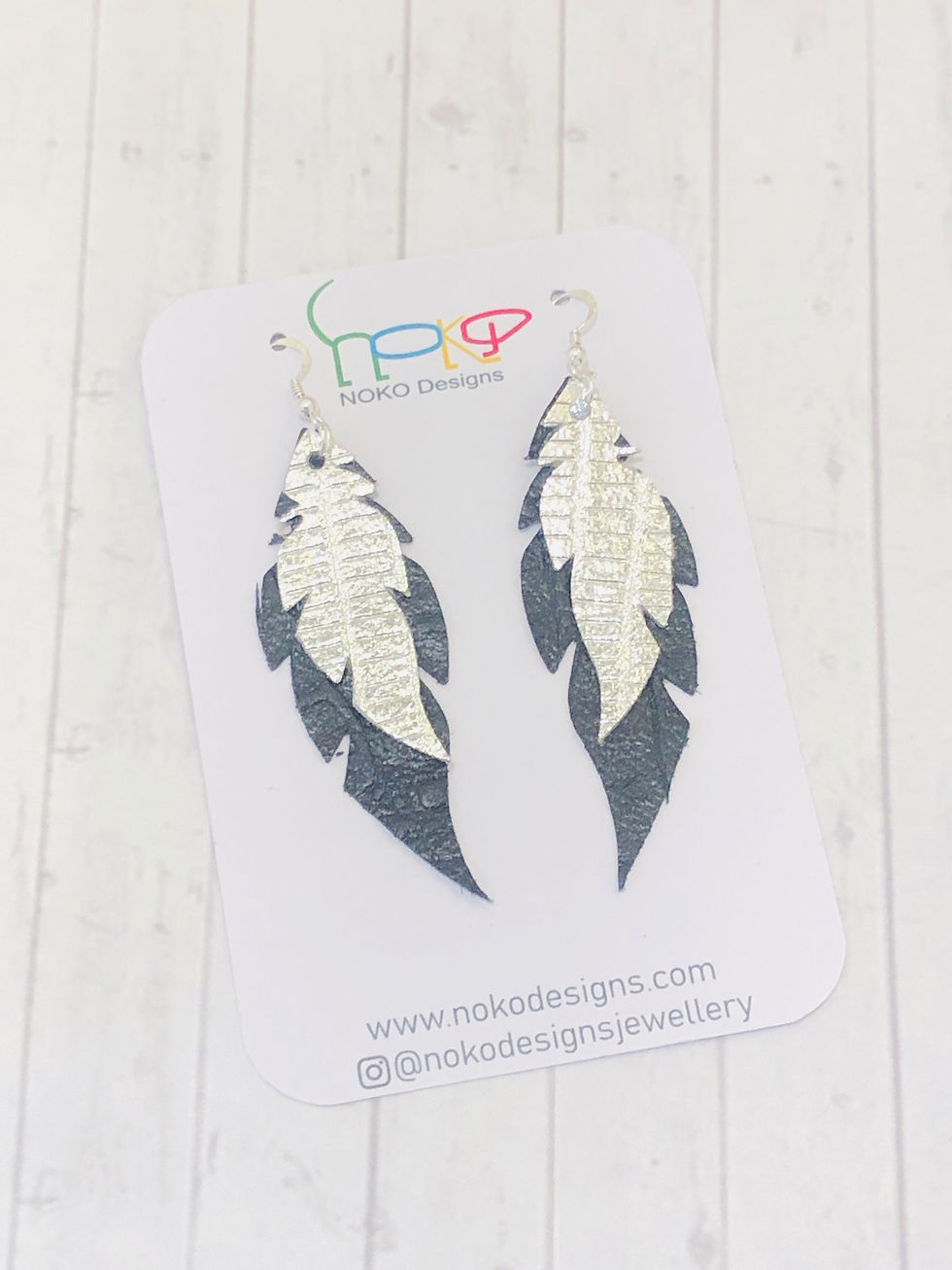 Thumbnail: Silver & Midnight Moc Croc Leather Feather Earrings