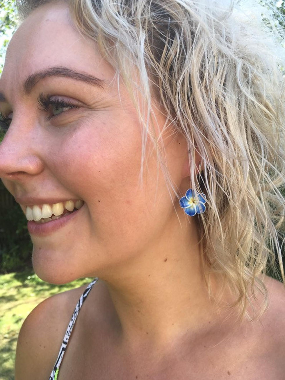 Thumbnail: Plumeria Flower Gold Hoop Earrings