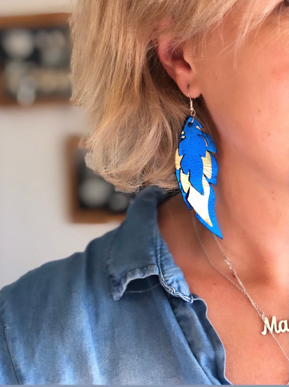 Thumbnail: Blue & Gold Leather Feather Earrings