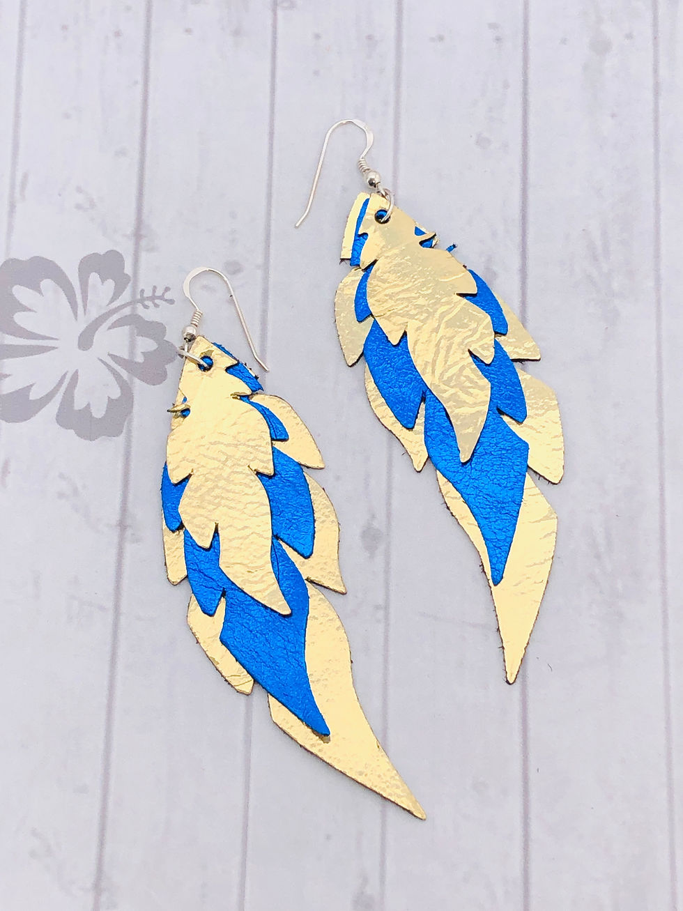 Thumbnail: Gold & Blue Leather Feather Earrings