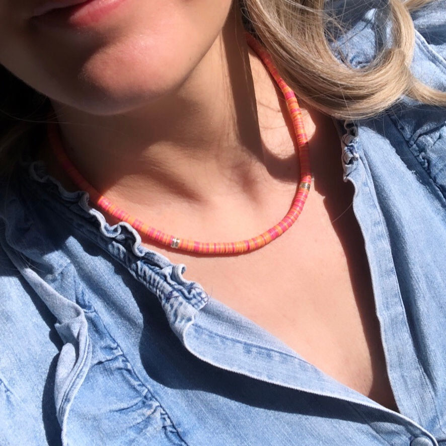 Thumbnail: Coral Colours Vinyl & Silver Disc Necklace